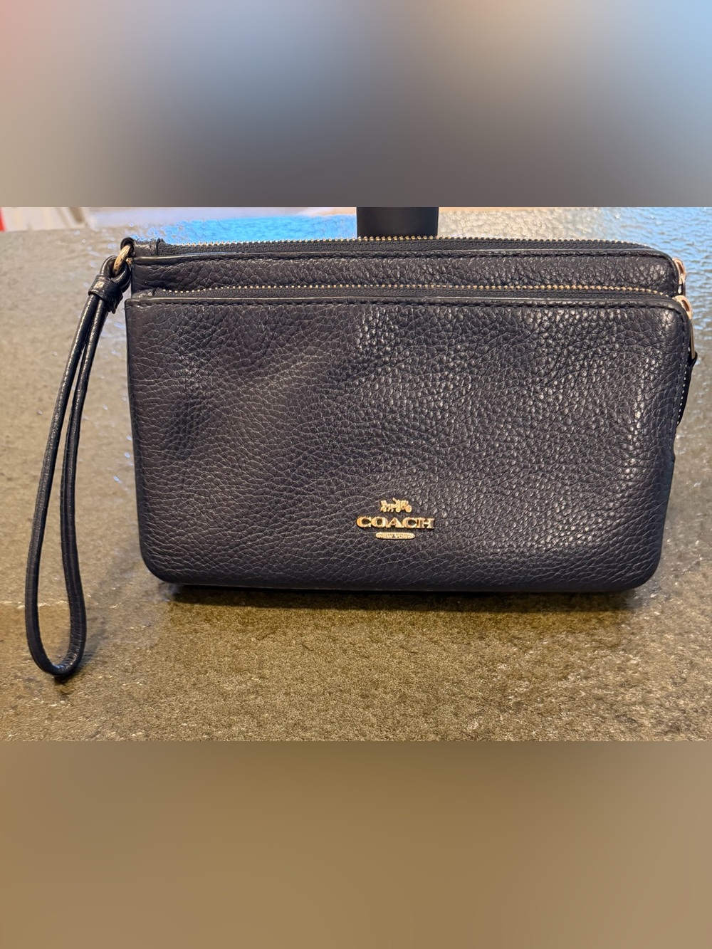 Coach Double Zip Wallet Wrist Handle Blue Pebble Leather Style